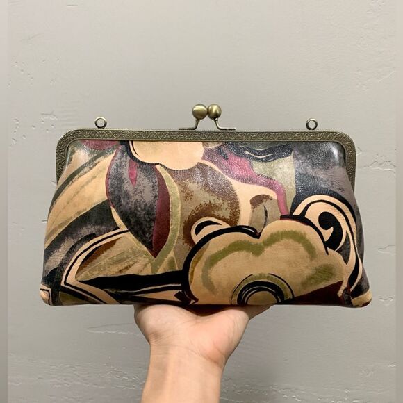 Abstract Print Cowhide Handmade Vintage Style Kisslock Clutch Bag, Crossbody - Picture 2 of 16